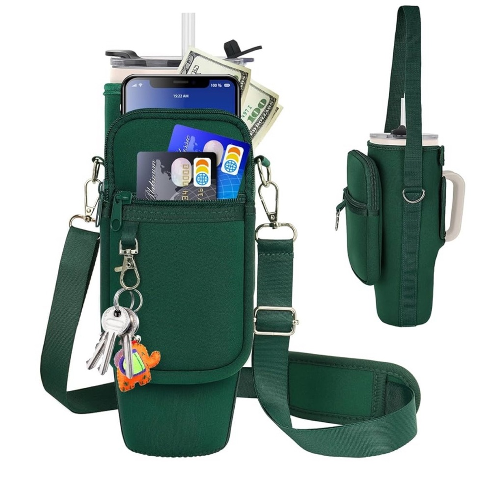 Water Bottle Carrier Bag w/Phone Pocket Green